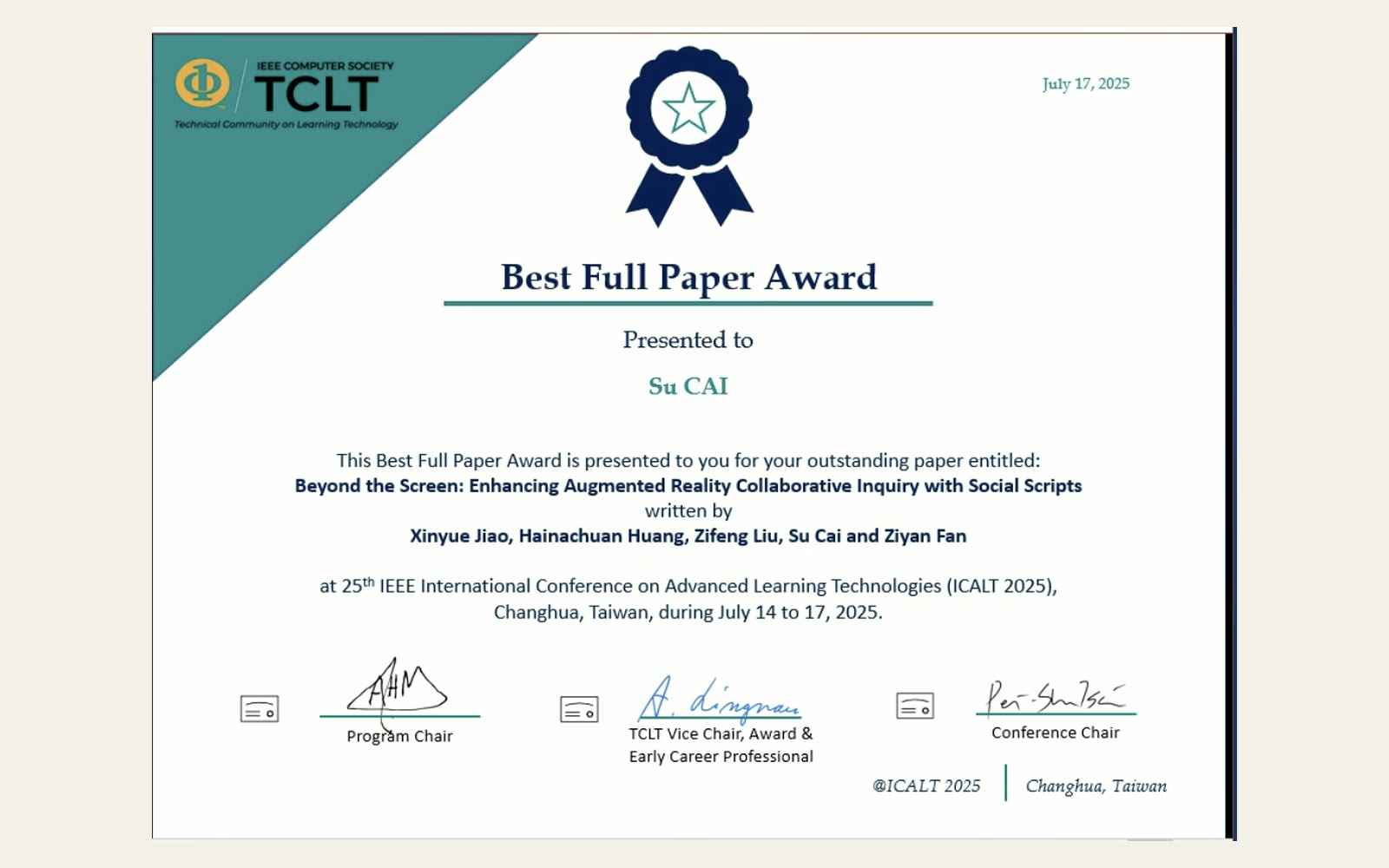 ICALT 2025 Best Full Paper Award certificate listing Hainachuan Huang as a co-author