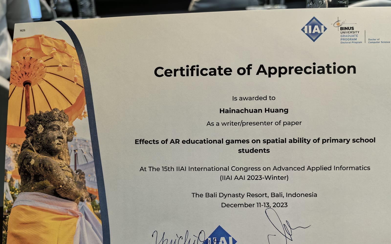 Hainachuan Huang's IIAI-AAI 2023 paper-presentation certificate